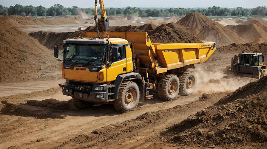 Yellow dump truck hauling material at a job site